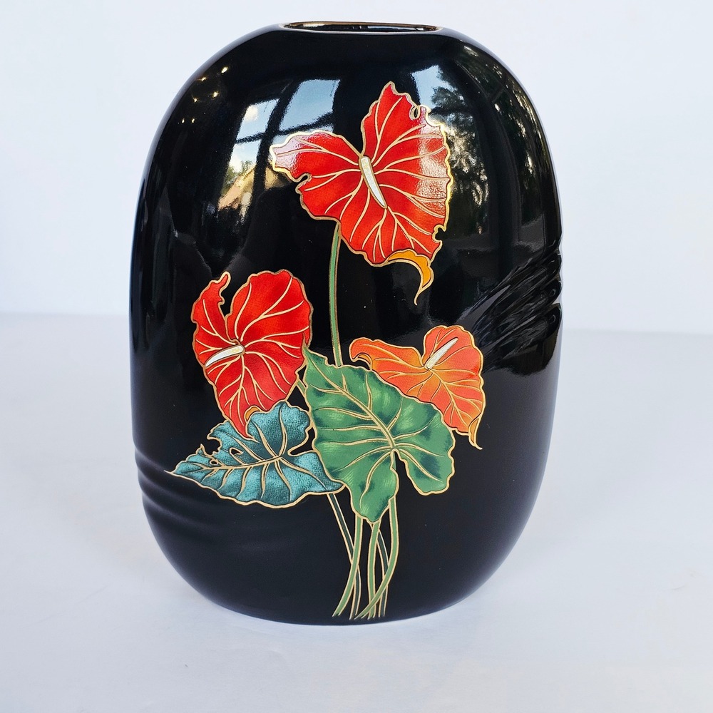 Vintage Toyo Japan Black Ceramic Anthurium Floral Vase Gold Trim MCM Decor